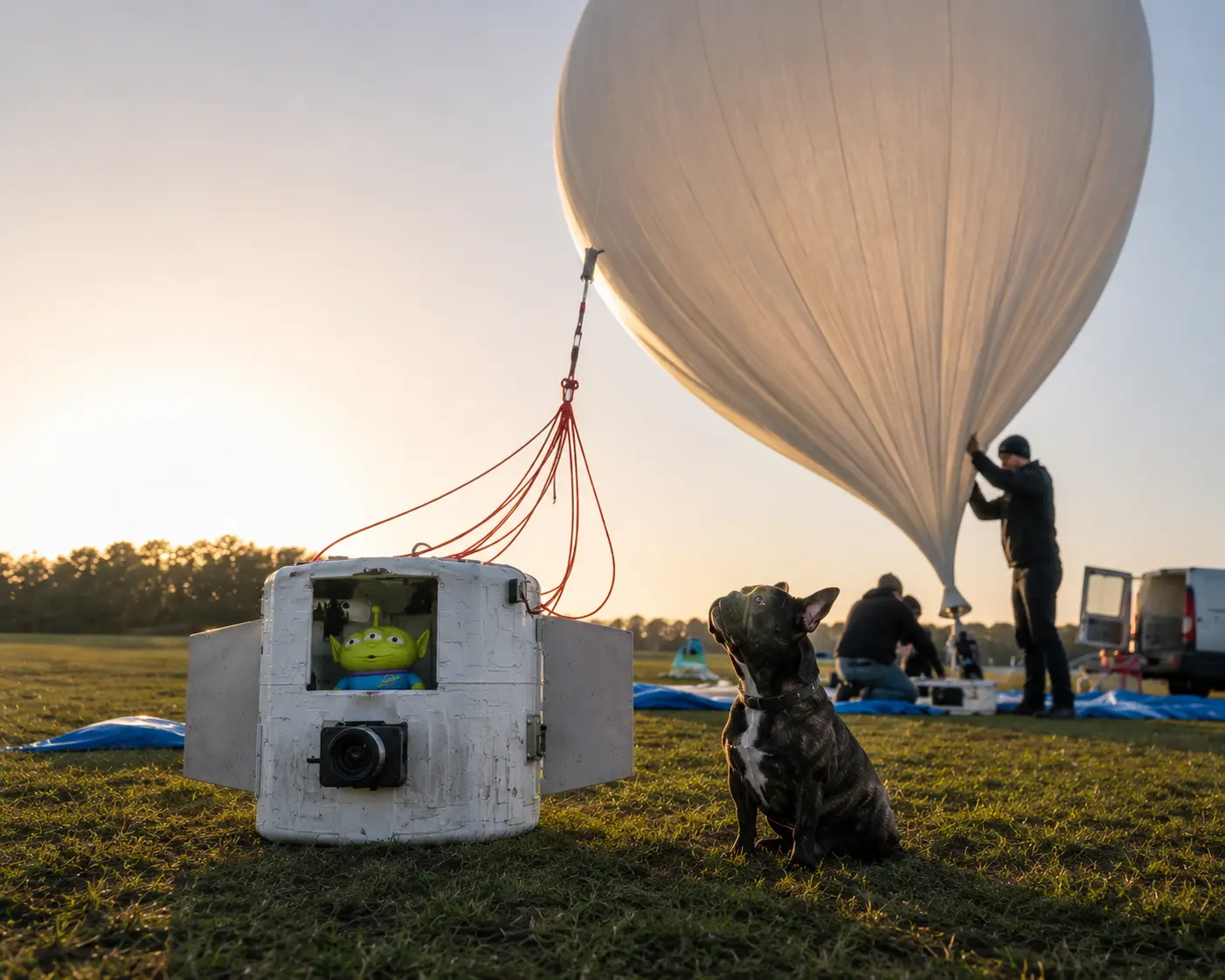 Oscar sitting in the field beside the capsule as the balloon is filled at sunrise